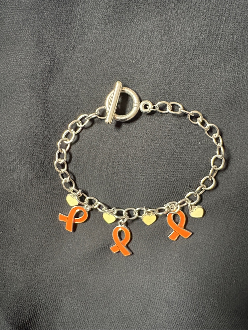 Silver Charm Bracelet with Orange Ribbon & Heart Charms
